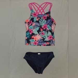 Cat & Jack 2pc Swimsuit Floral with Pink Straps Top Solid Navy Bottom M(8)
